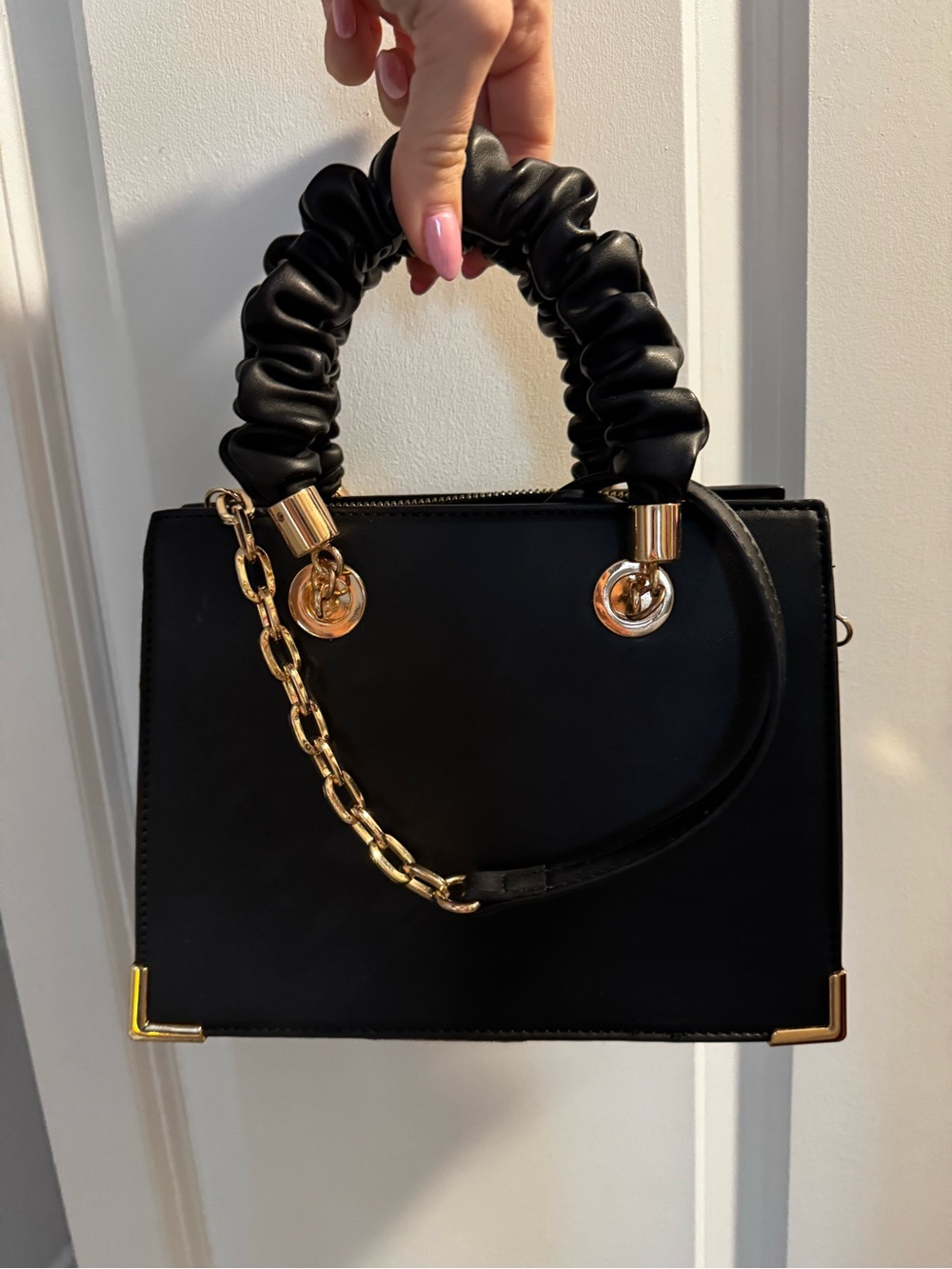 Aldo Black Satchel with Gold Chain and Ruched Top Handle